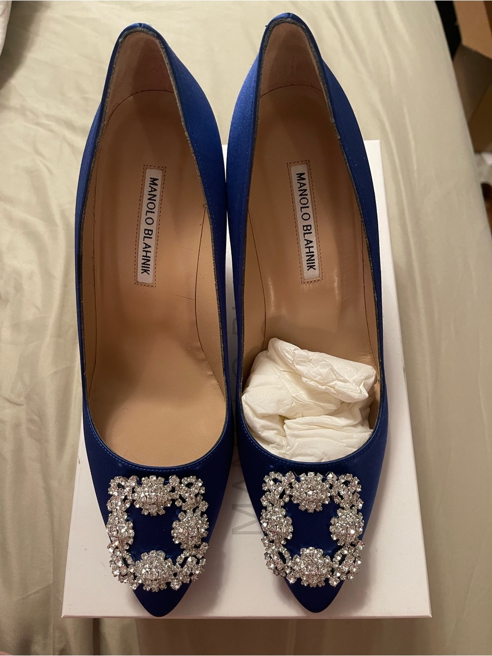 Manolo Blahnik Blue Satin Hangisi pump Embellished Pointed-Toe Pumps 40.5
